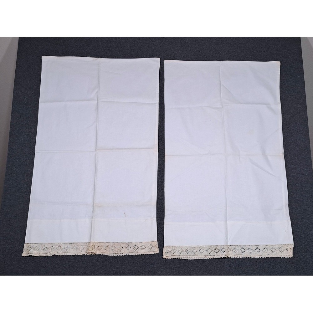 Vintage White Cotton Pillowcase Pair Handmade Crochet Lace Trim Victorian Style